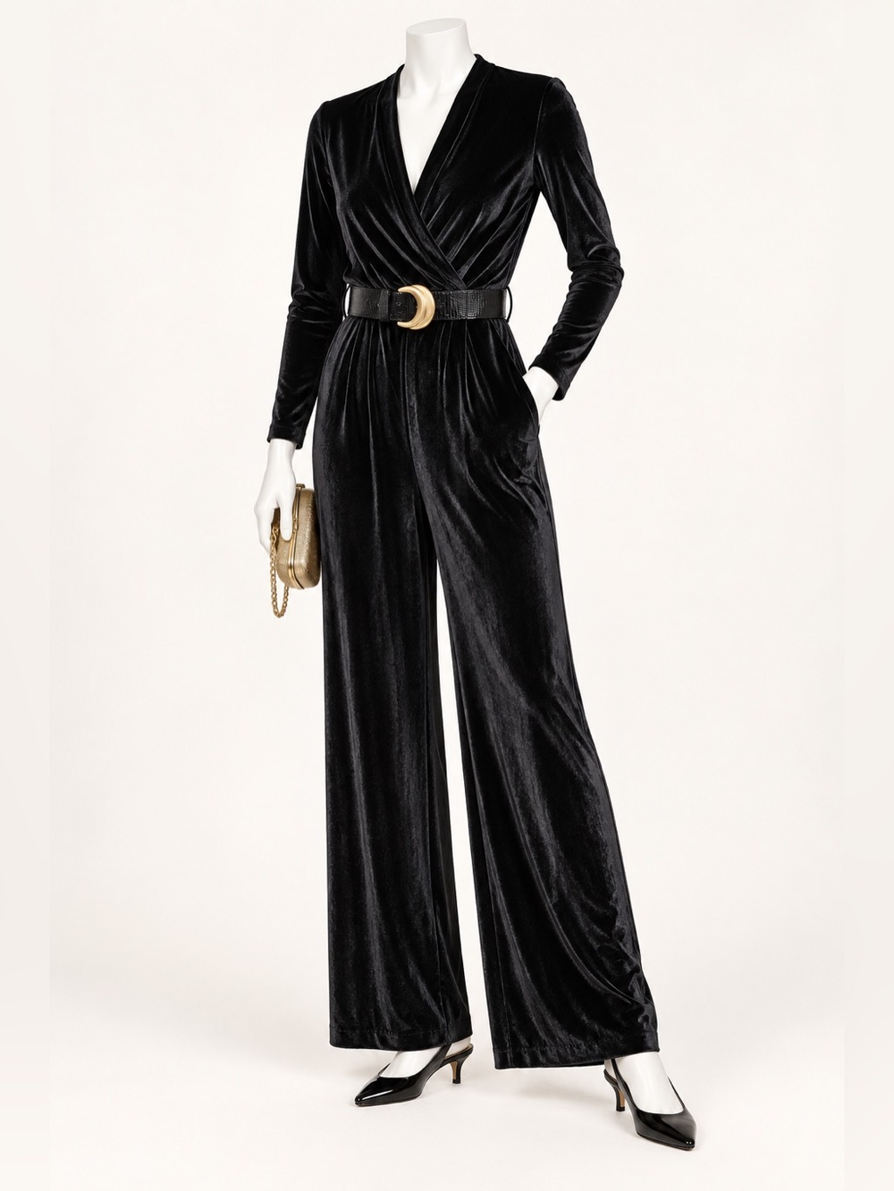 DONNA KARAN NEW YORK *NWT* Black Stretch Velvet Belted Designer Jumpsuit | Sz 4